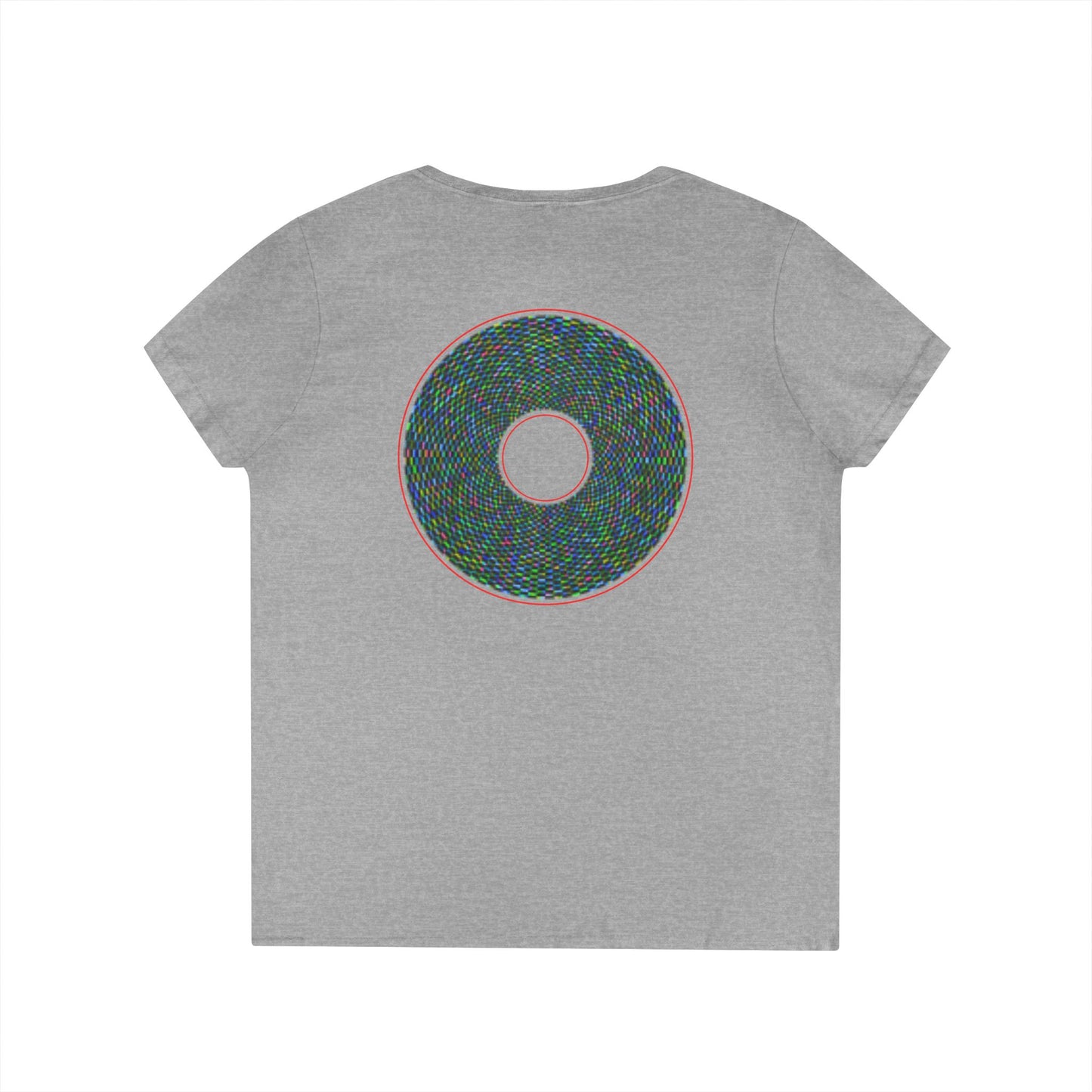 Women's Donut V-Neck Tee - "The Pixilated Donut" - multicolor pixel donut w/wide red outline