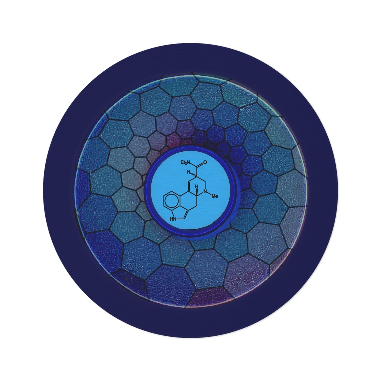 Round Room - 5 ft x 5 ft Lumpy Donut Rug - "Dr. Albert Hofmann's Donut" - blue hexadonut w/navy background - variant 2