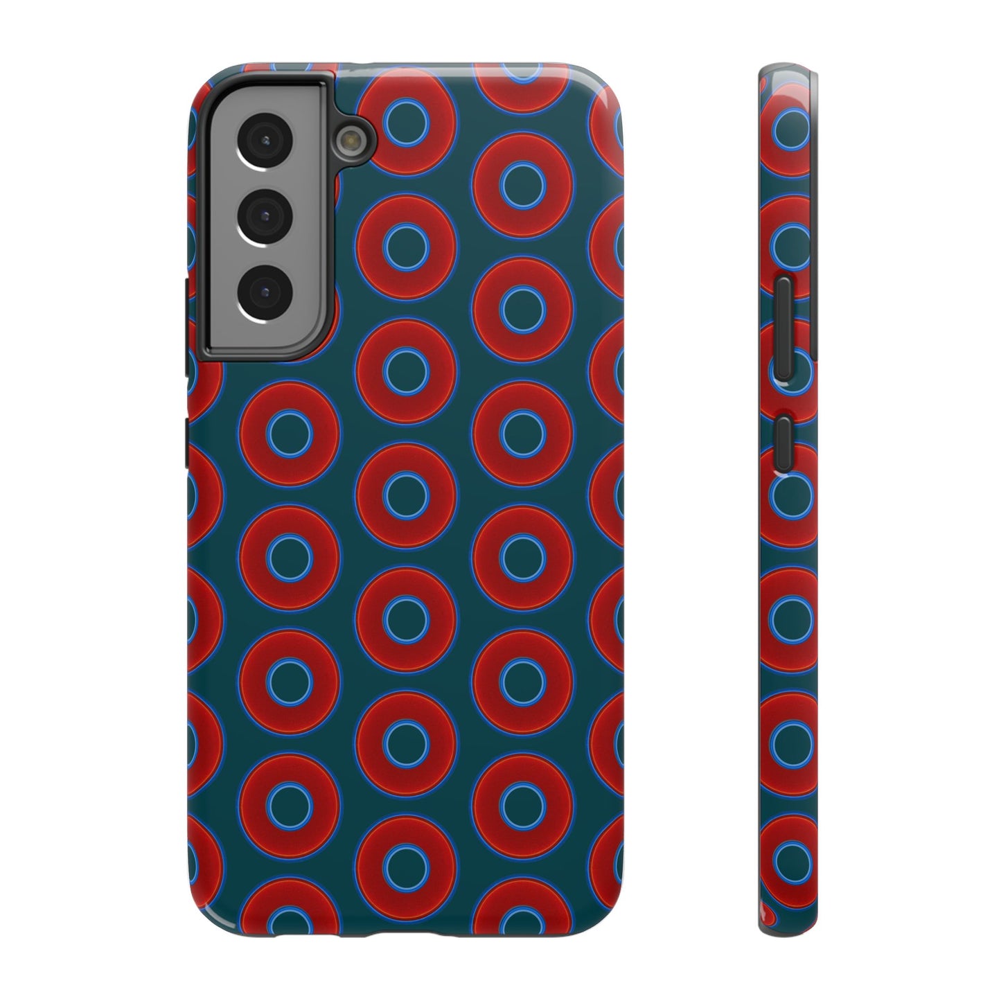 Impact-Resistant Lumpy Donut Case - red vivid donut print w/midnight green background