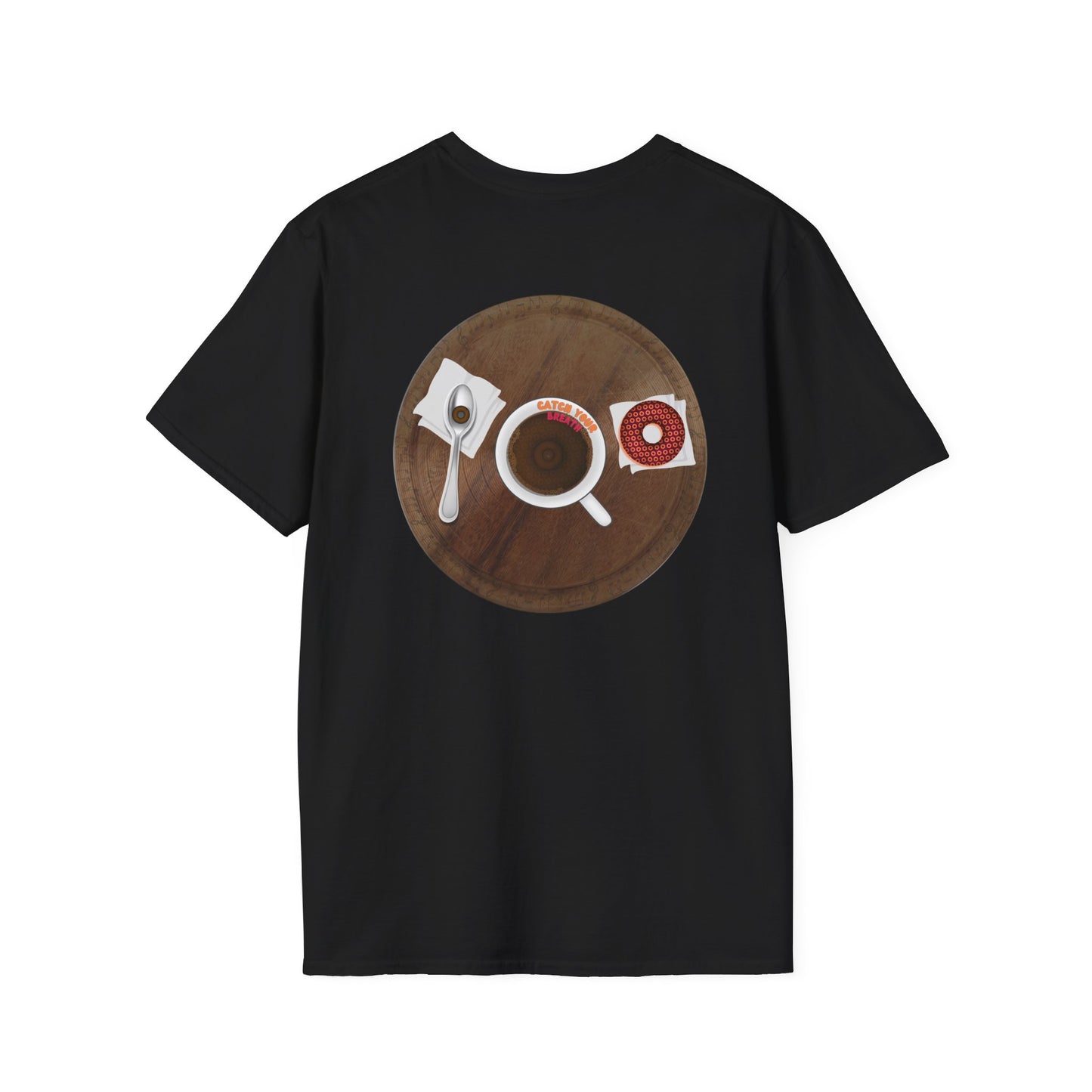 Classic Donut Tee - Unisex Soft-Style - "Coffee With My Donuts" - wooden table donut
