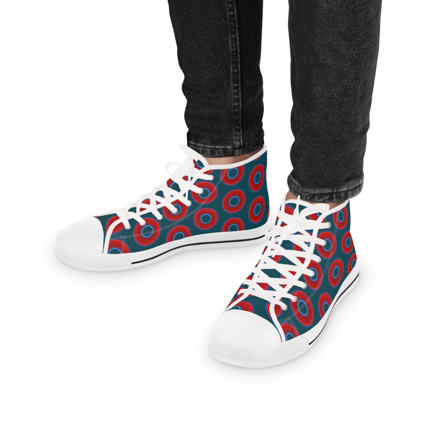 Men's High Top Chucks - large vivid red donut print w/midnight teal green background