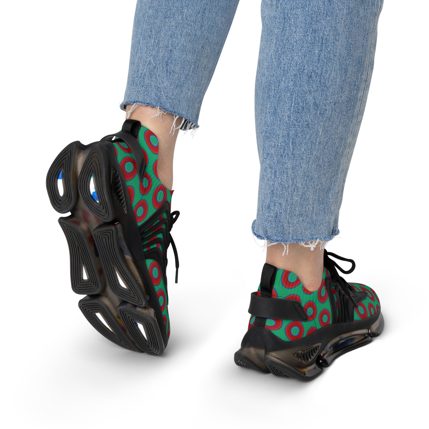 Women's Donut Kicks - red vivid donut print w/jade green background