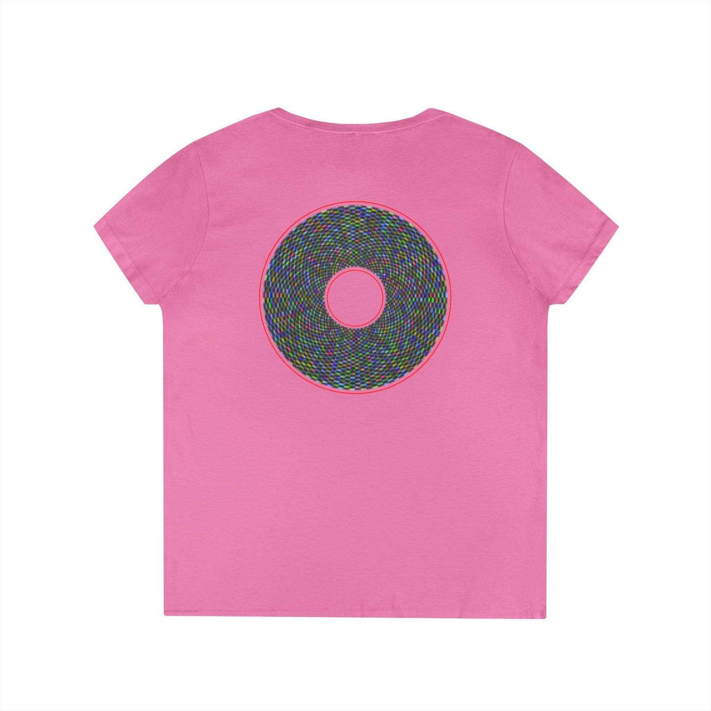 Women's Donut V-Neck Tee - "The Pixilated Donut" - multicolor pixel donut w/wide red outline