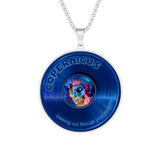 Lump's Heady Donut Necklace - 1" x 1" Stainless Steel Pendant - "Drunken Copernicus Pendant" - vivid blue record donut - variant 1