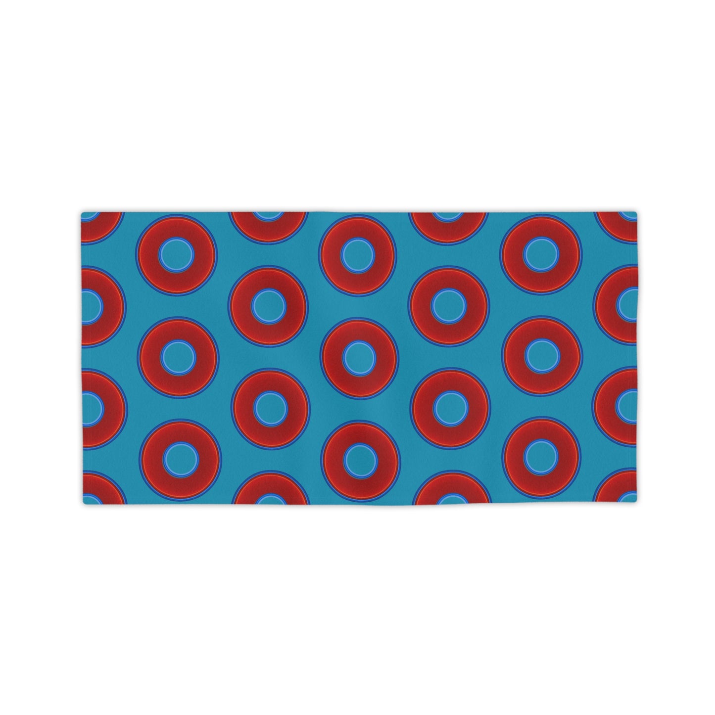Lumpy Donut Towels - vivid red donuts w/aquamarine blue background