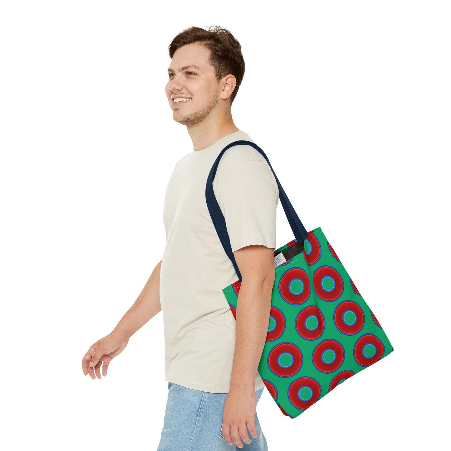 Lumpy Beach/Tote Bag - red vivid donuts w/jade green background