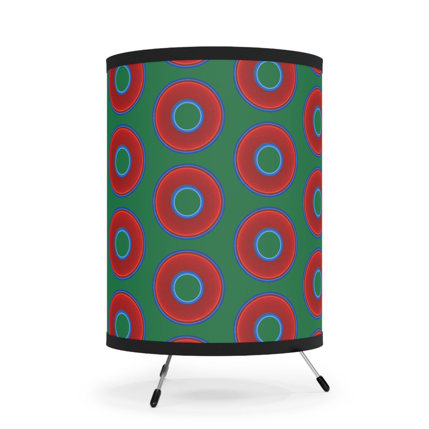 Lumpy Tripod Donut Lamp - vivid red donuts w/green background