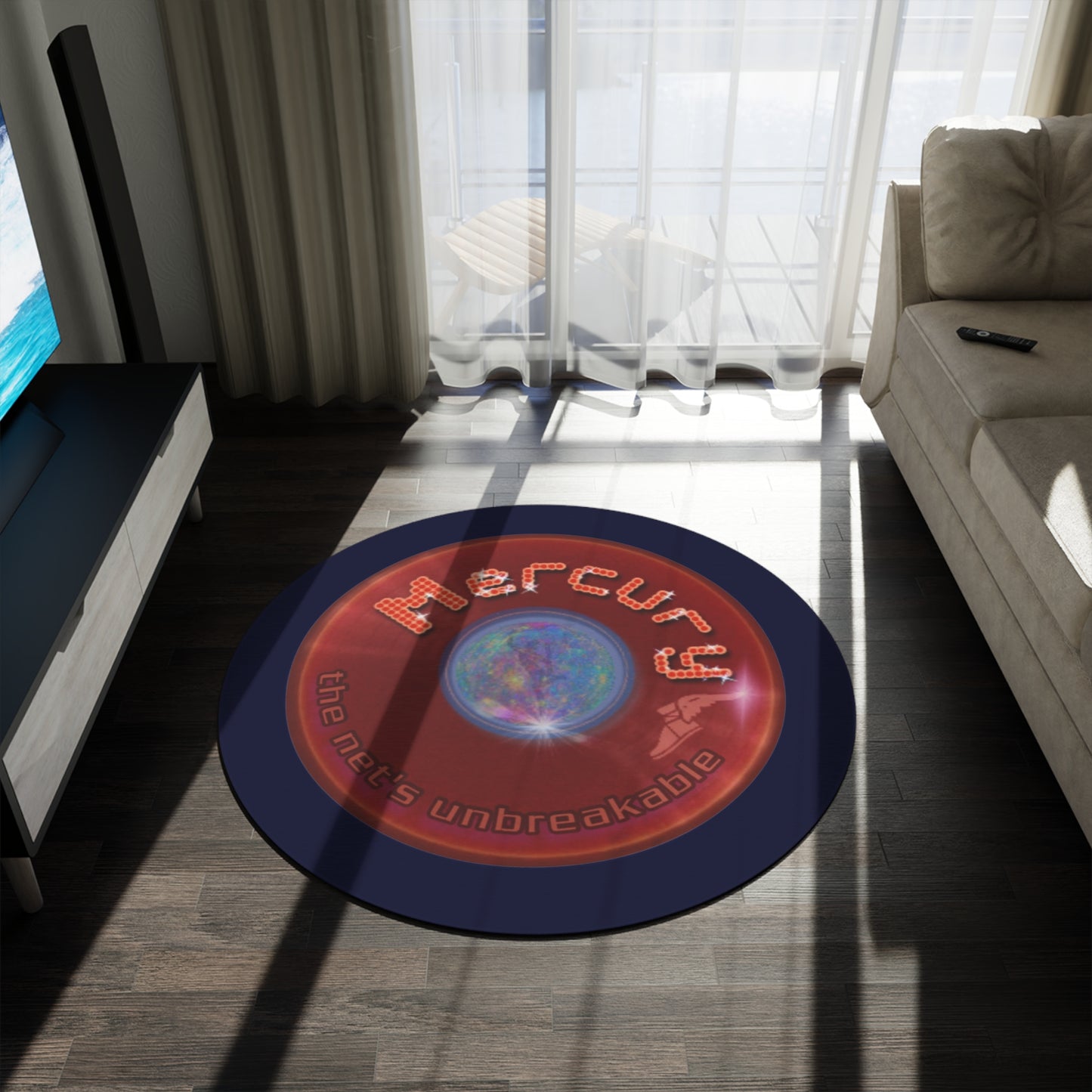 Round Room - 5 ft x 5 ft Lumpy Donut Rug - "Donut Rug of the Gods" - vivid red donut w/dark navy background - variant 5