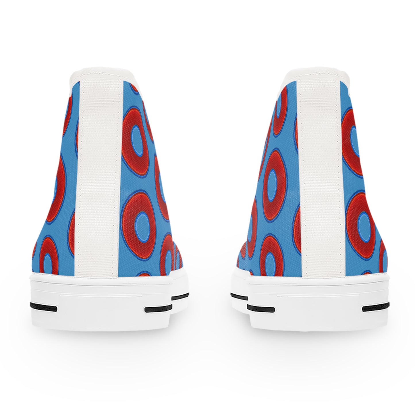 Women's High Top Chuck Taylors - large vivid red donut print w/light steel blue background