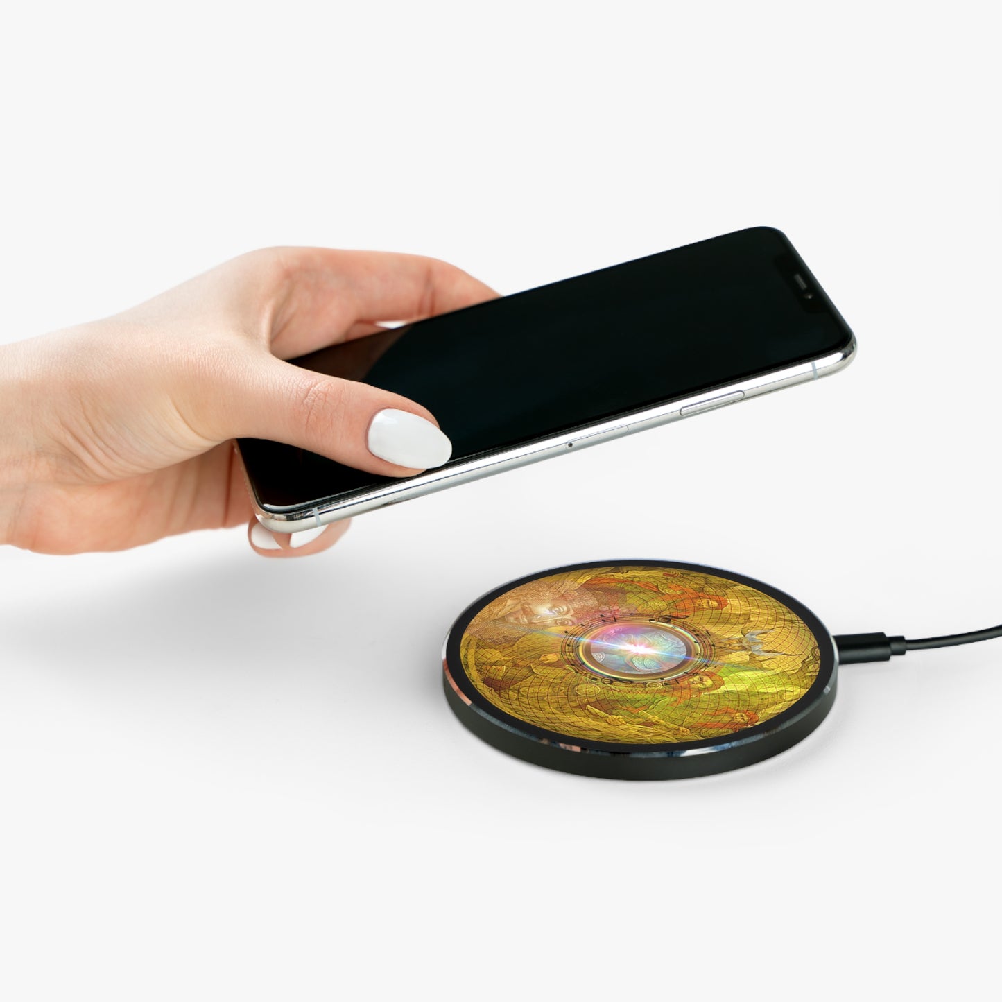 The Flow - Wireless Lumpy Donut Chargers - "Wireless Impaling Donut Charger" - golden symmetrical donut w/black background