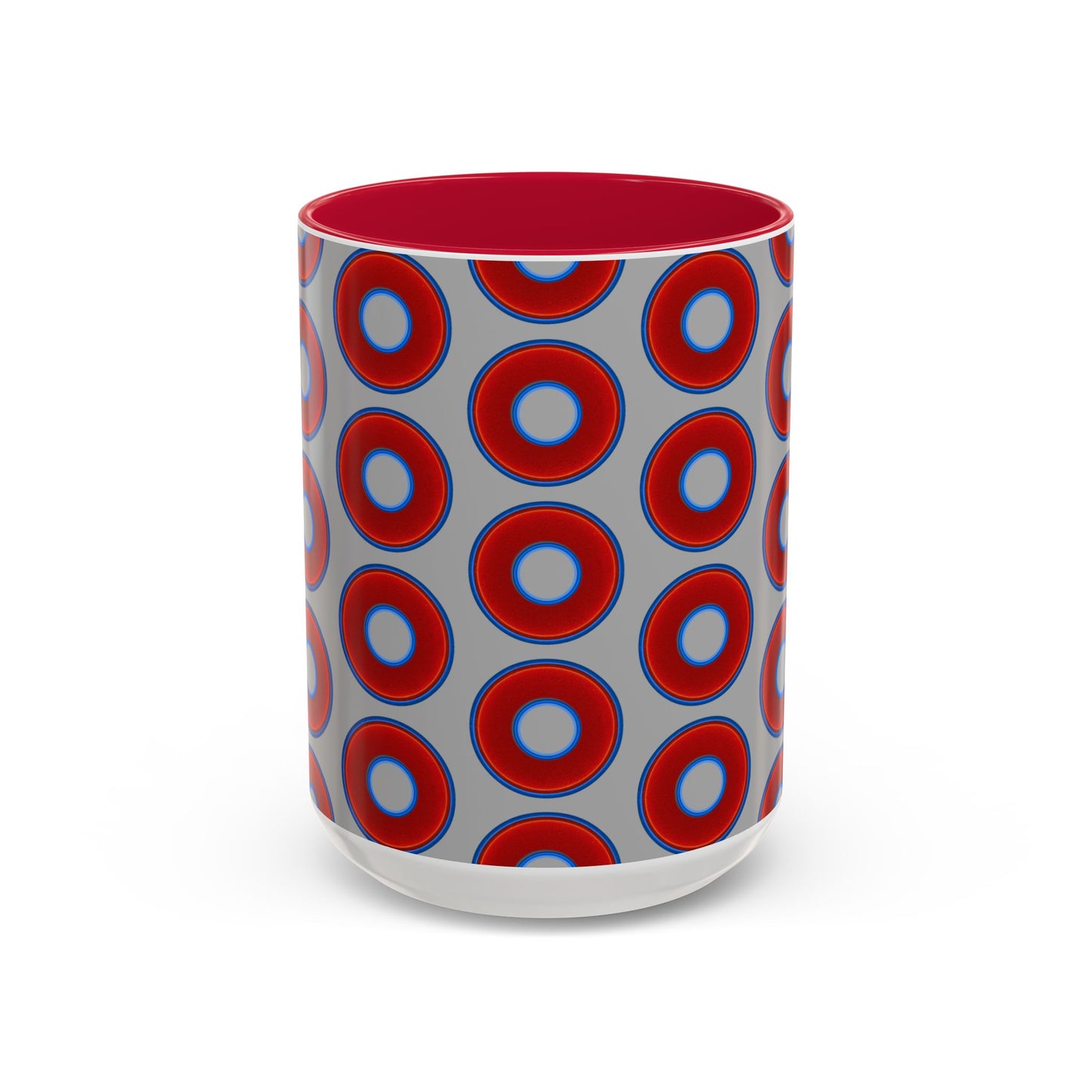 Lump's Grumpy Coffee Mug - vivid red donuts w/light gray background