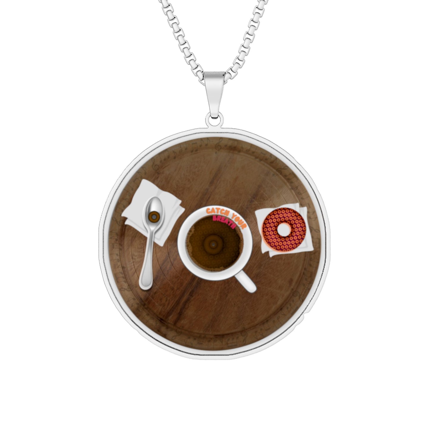 Lump's Heady Donut Necklace - 1" x 1" Stainless Steel Pendant - "Coffee w/my Donut Pendant" - cartoon donut
