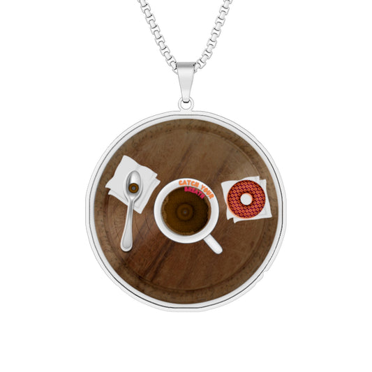 Lump's Heady Donut Necklace - 1" x 1" Stainless Steel Pendant - "Coffee w/my Donut Pendant" - cartoon donut