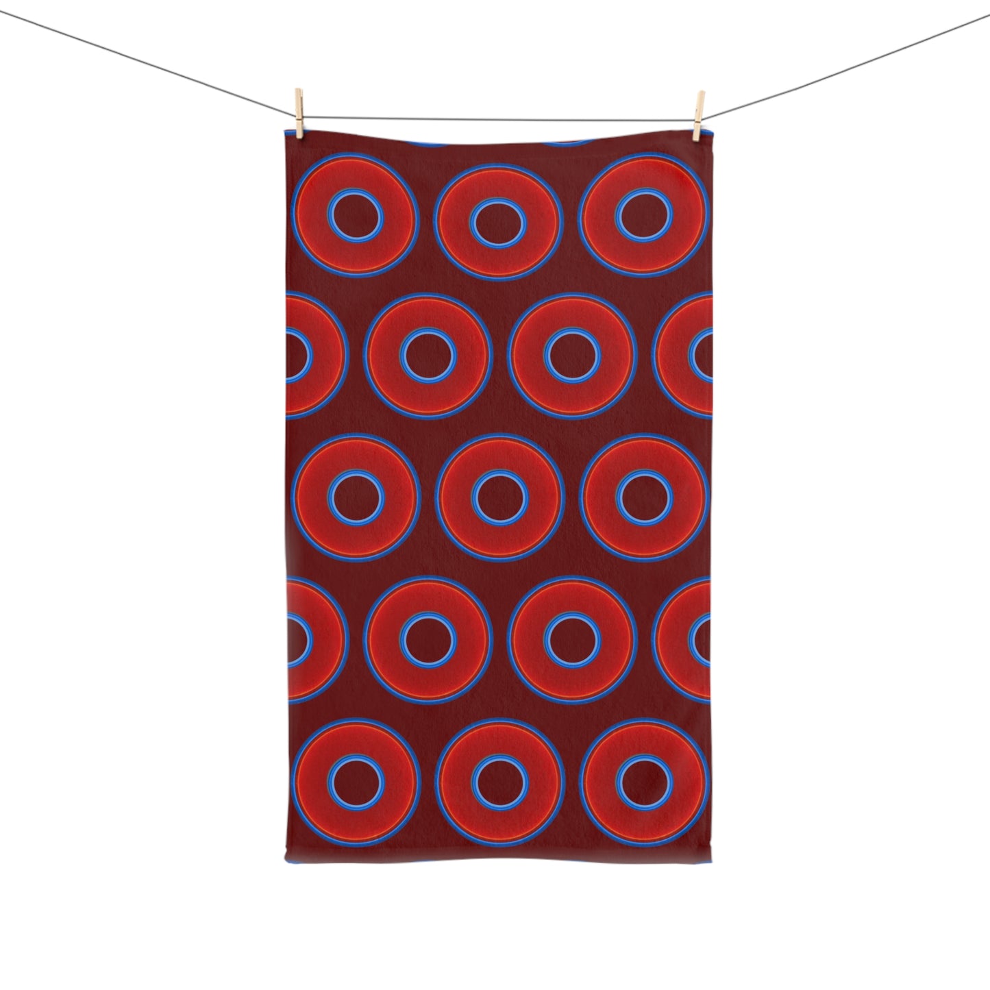 Lumpy Kitchen/Hand Towels - vivid red donuts w/dark red background