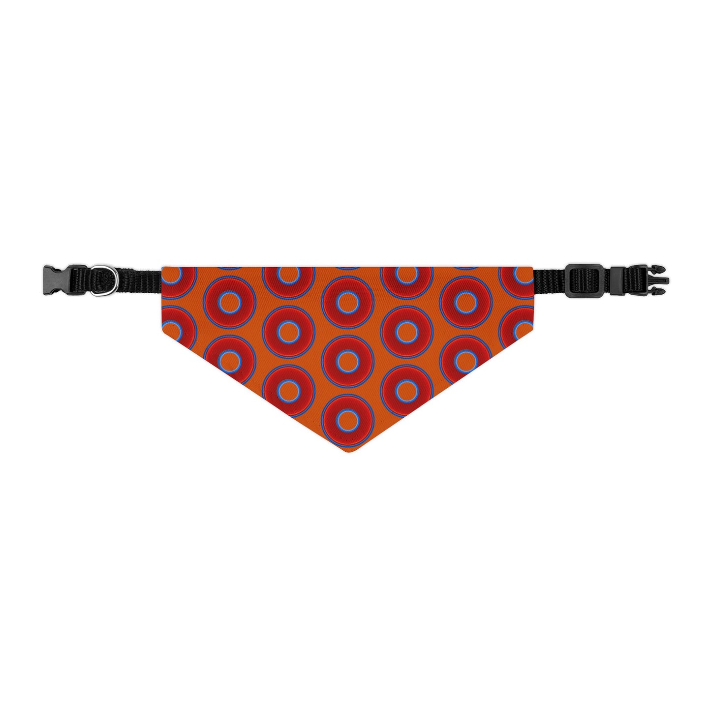 Jim's Lumpy Bandana Pet Collar - vivid red donuts w/dark orange backgound