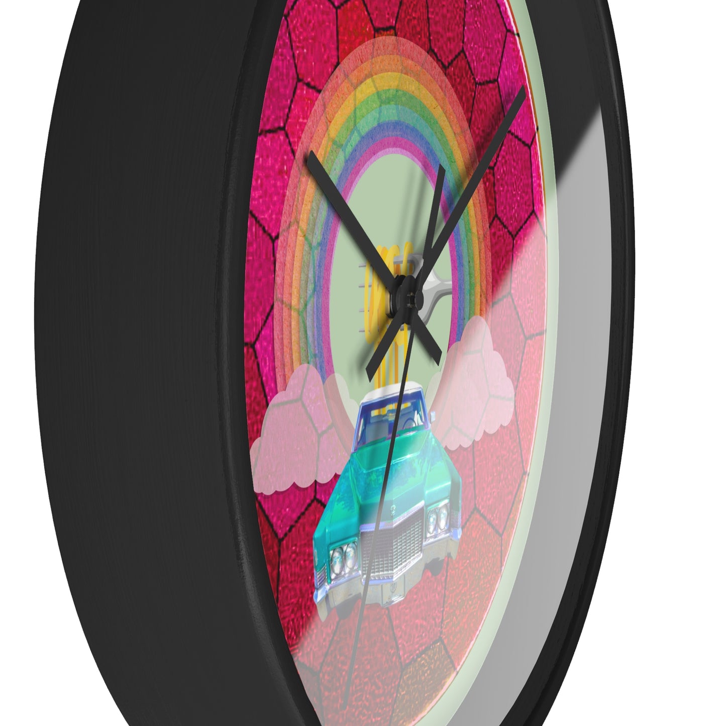 Lumpy Wall Clock - "Time for a Spaghetti Incident in my Caddy" - variant 3 - magenta hexadonut w/seafoam background