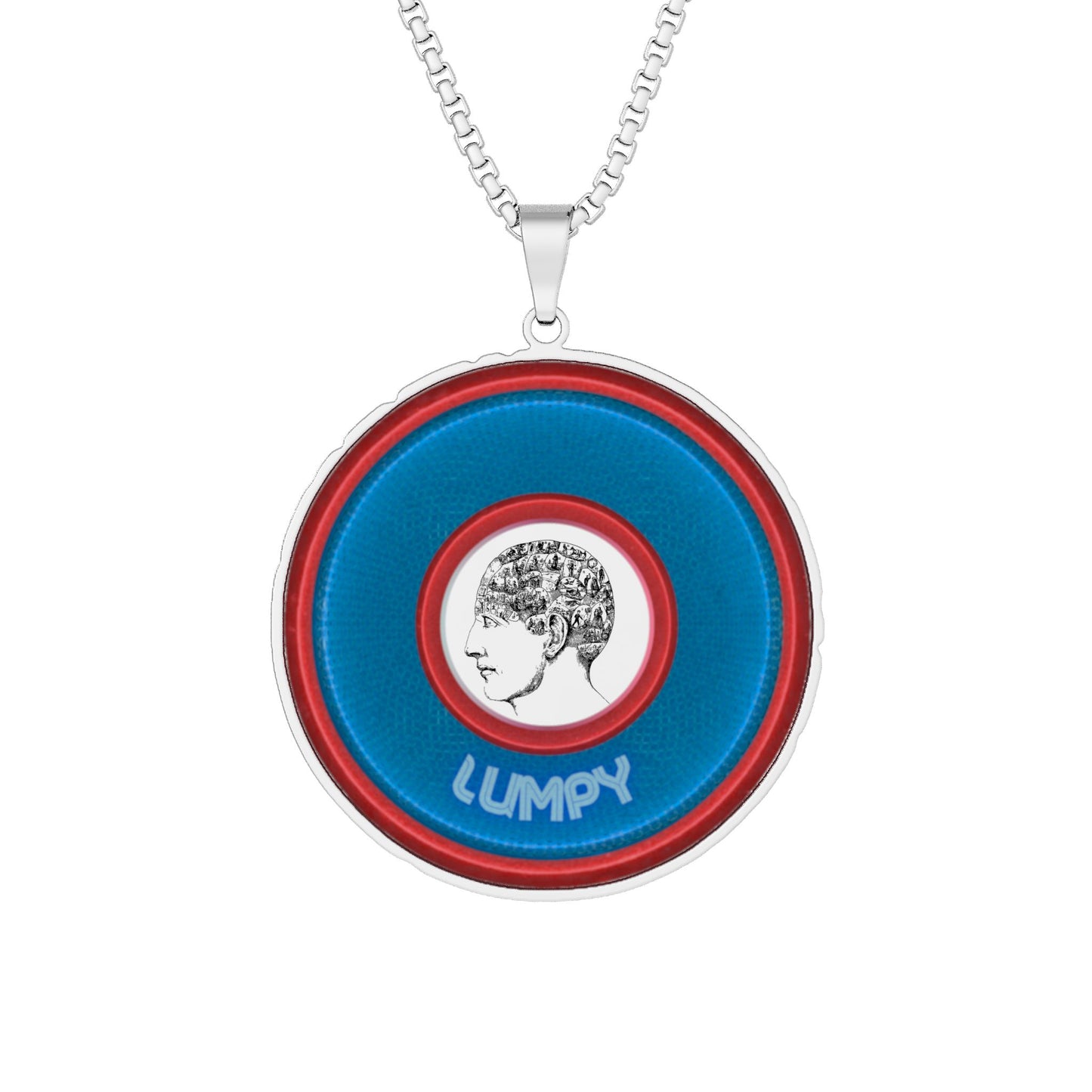 Lump's Heady Donut Necklace - 1" x 1" Stainless Steel Pendant - "Carini's Lumpy Pendant" - blue/red rustic donut - variant 2