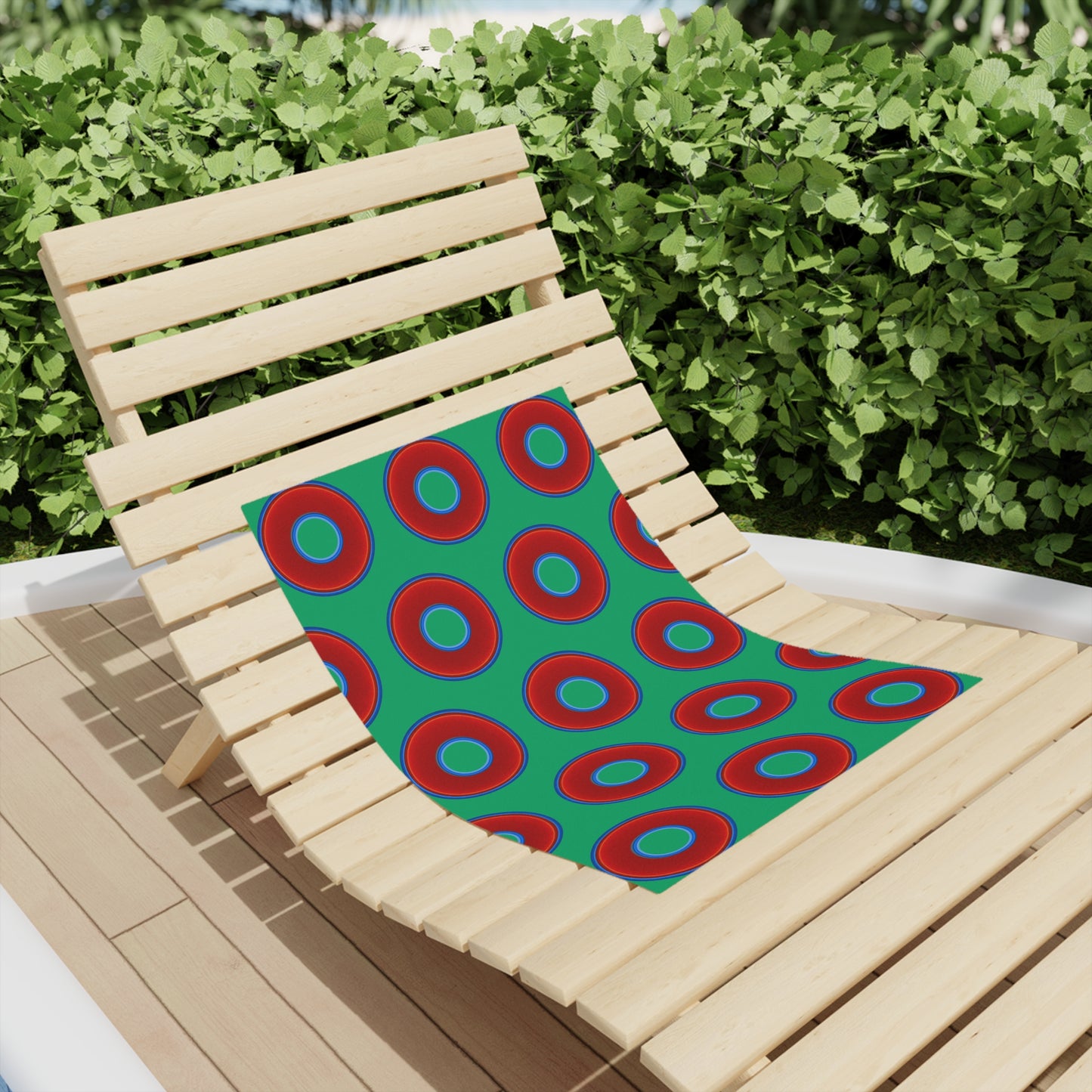 Lumpy Donut Towels - vivid red donuts w/jade green background