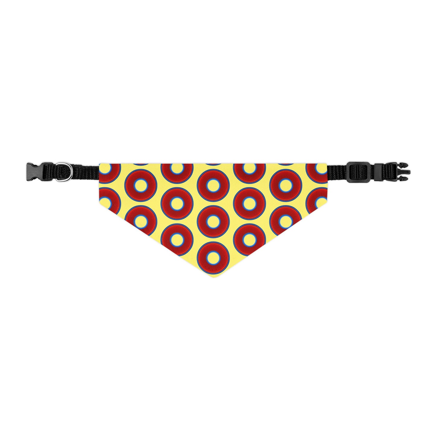 Jim's Lumpy Bandana Pet Collar - vivid red donuts w/yellow background