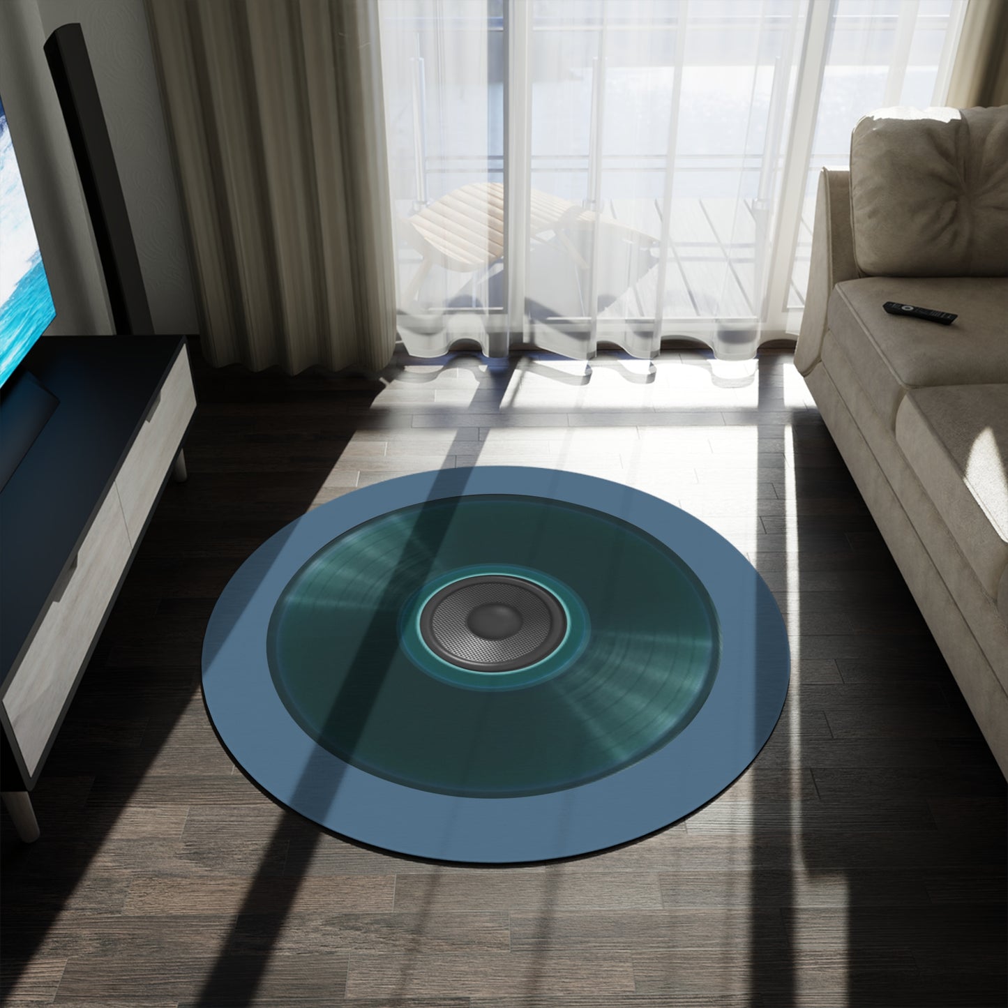 Round Room - 5 ft x 5 ft Lumpy Donut Rug - "Plain Speaker Donut " - vivid dark teal record donut w/steel blue background