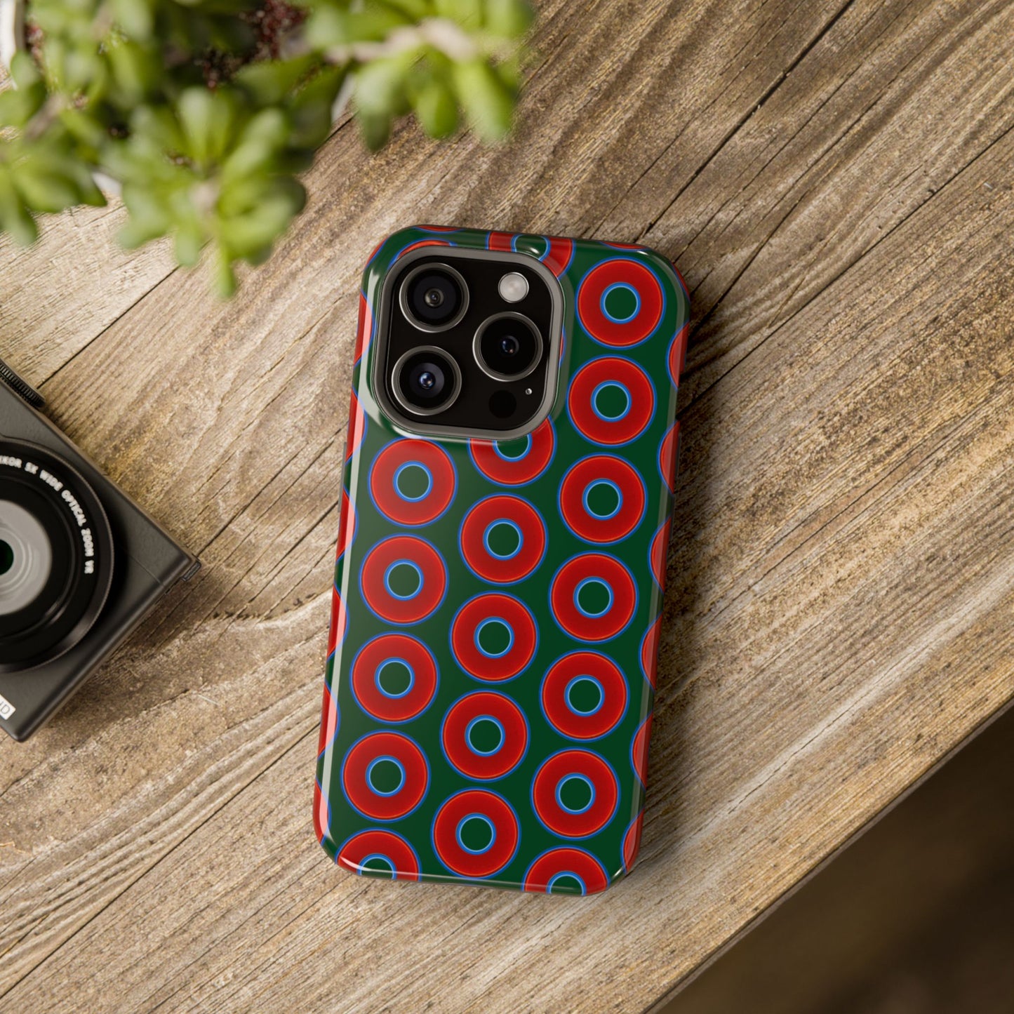 Magnetic Tough Donut Case - red vivid donut print w/deep pond green background
