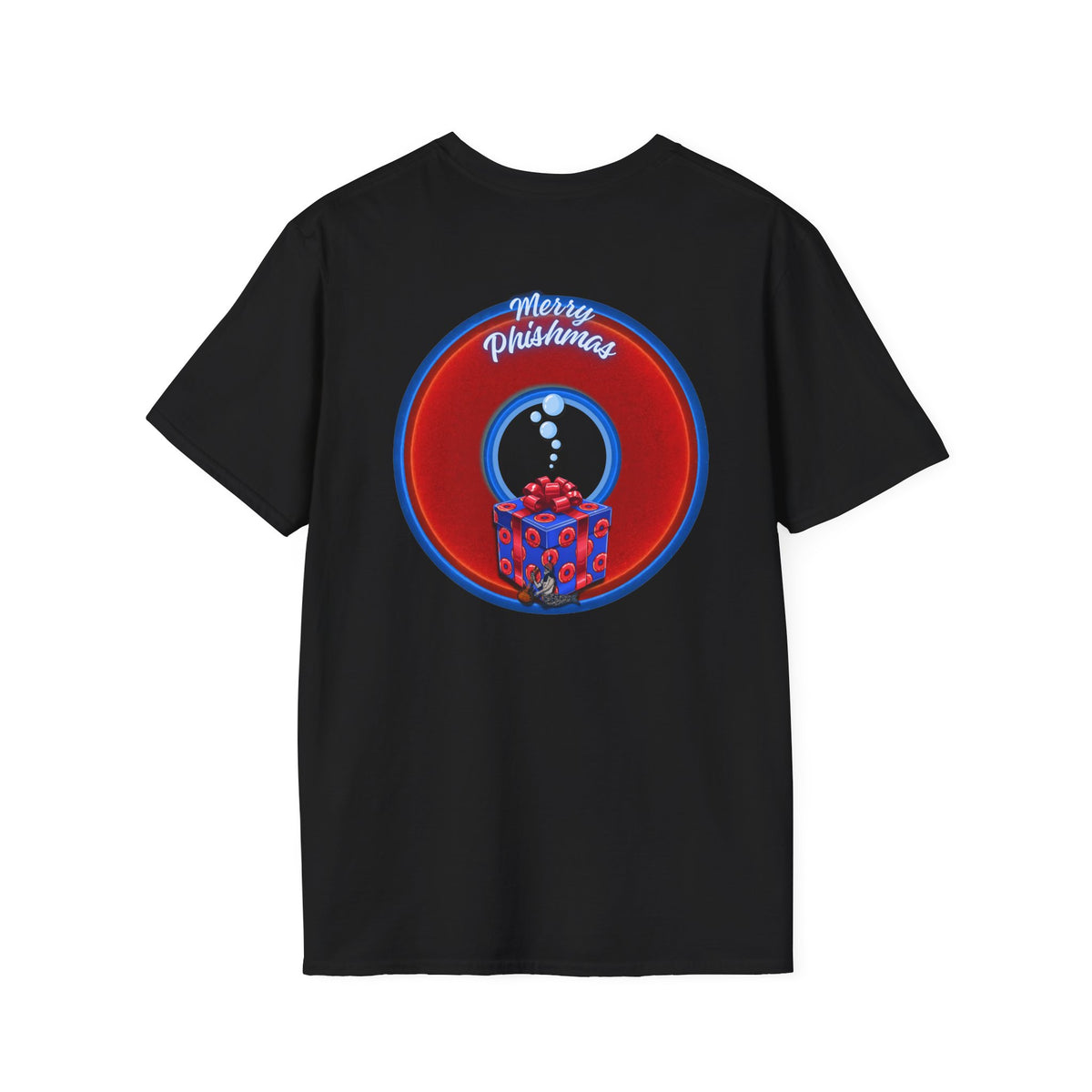 Classic Donut Tee - Unisex Soft-Style - "Phishmas Caroler's Tee " - vivid red/blue donut - variant 2