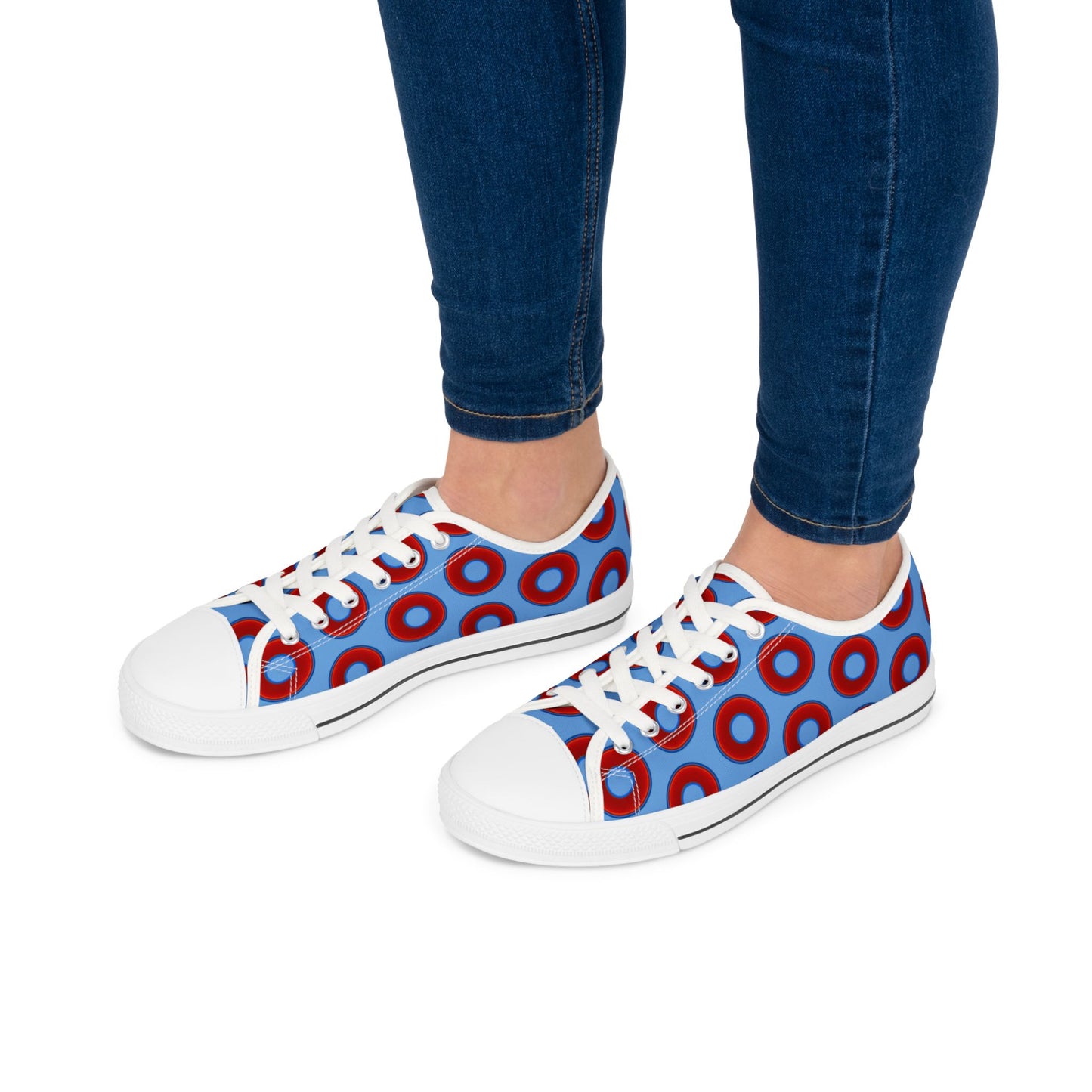Women's - Low Top Chuck Taylors - large vivid red donut print w/light blue background