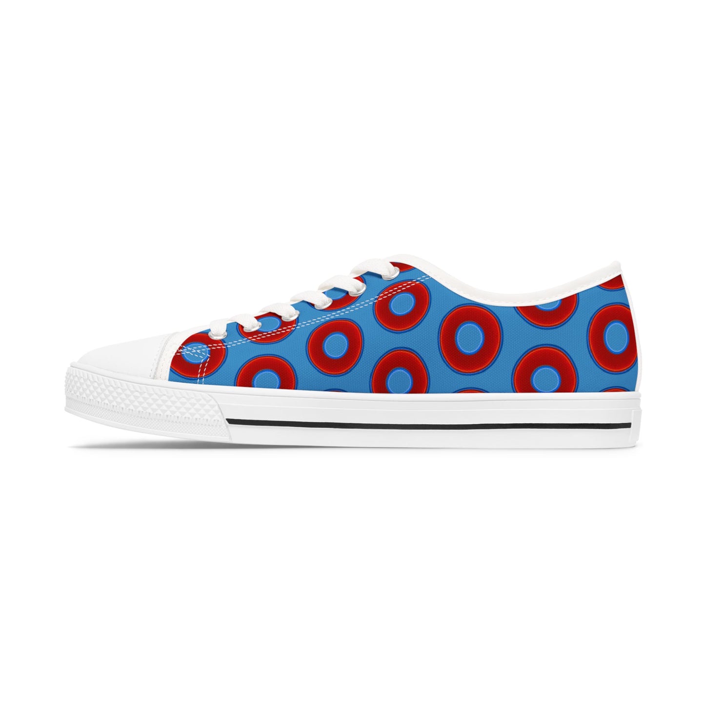 Women's - Low Top Chuck Taylors - large vivid red donut print w/light steal blue background