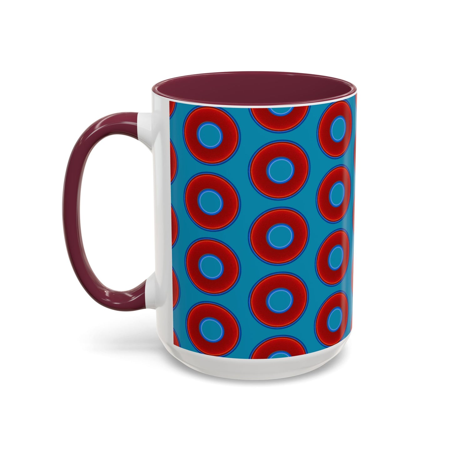 Lump's Grumpy Coffee Mug - vivid red donuts w/aquamarine blue background