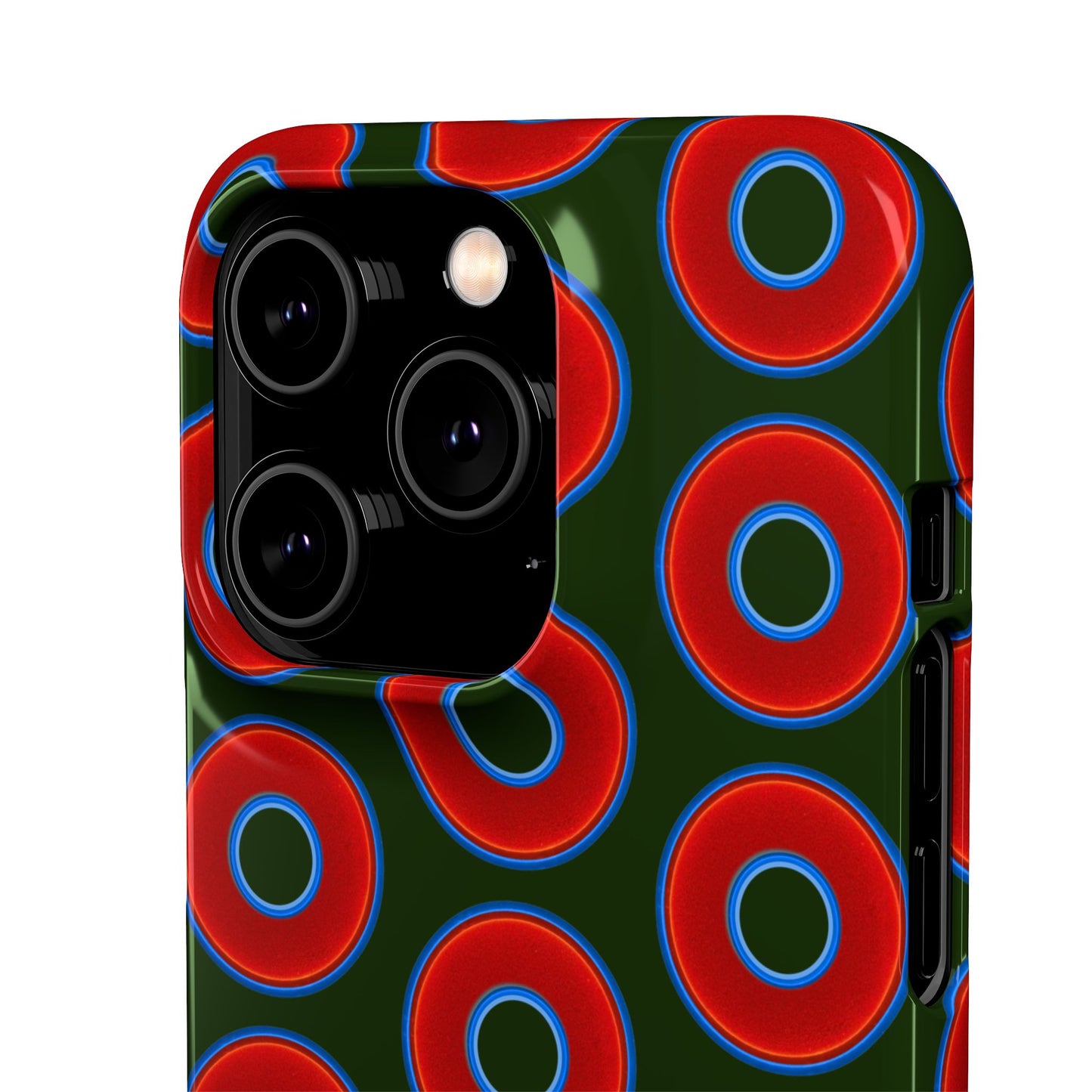 Lumpy Donut Snap Case - red vivid donut print w/deep forest green background