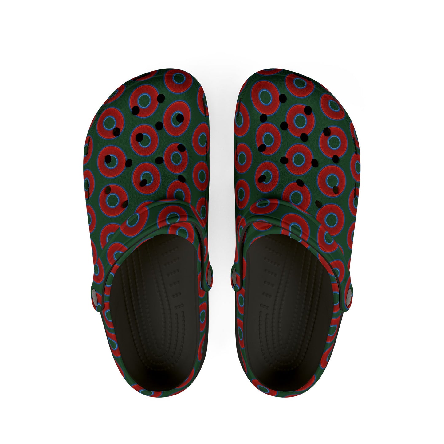 Spatchcocks - donut slip-on shoes - vivid red donuts w/deep pond green background [unisex]