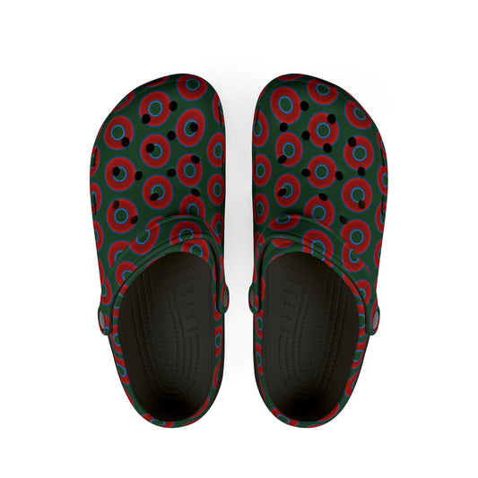 Spatchcocks - donut slip-on shoes - vivid red donuts w/deep pond green background [unisex]