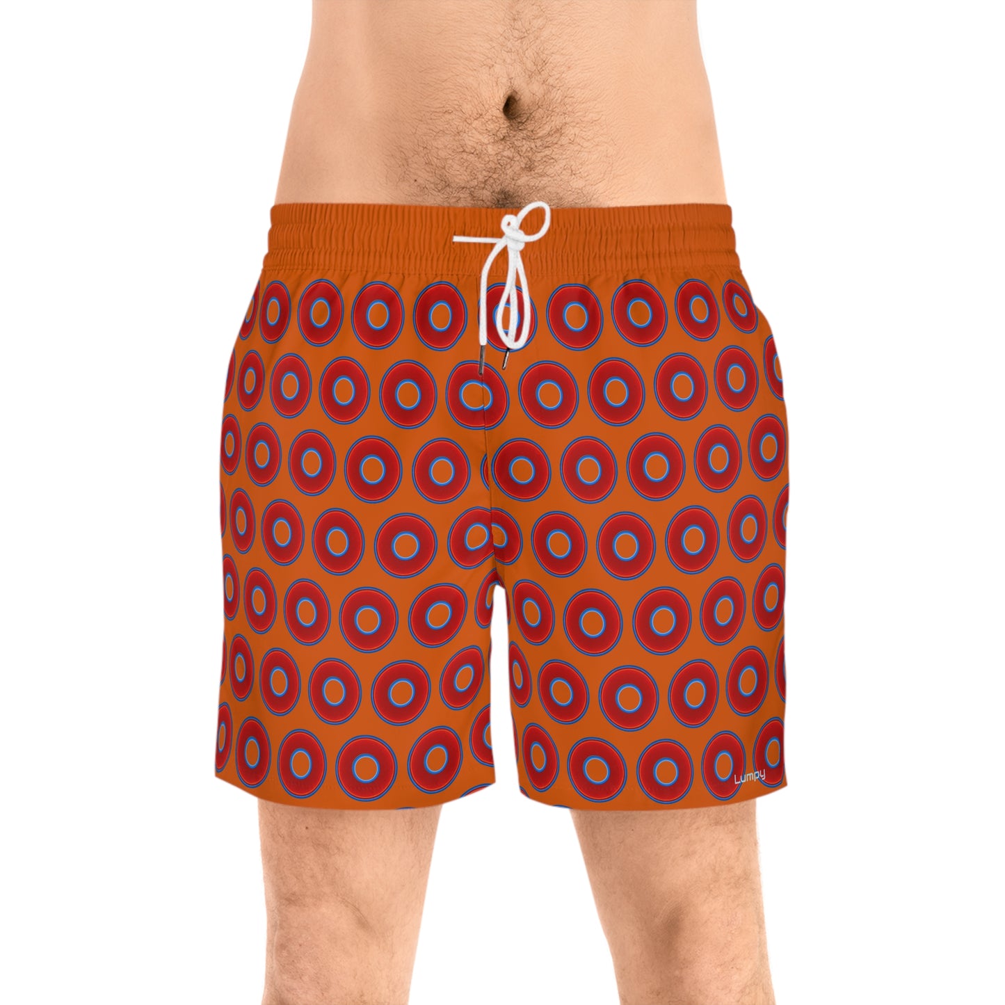 Men's Lumpy Swim Trunks - vivid red donut print w/dark orange background