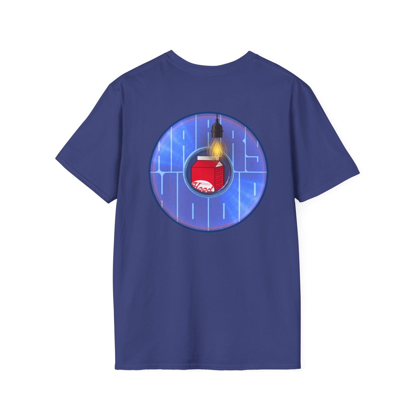 Classic Donut Tee - Unisex Soft-Style - "Harry Left His Donut Shirt" - series 1.0  - variant 4 - purple/blue donut - w/milk & light on