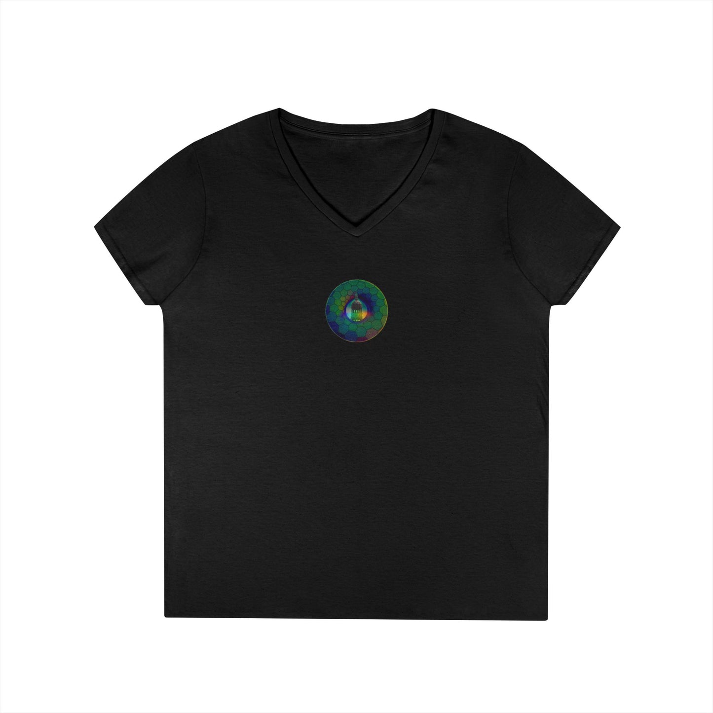 Women's Donut V-Neck Tee - "Save the Mondegreen City Hall Clock Tower" - variant 1 - green hexadonut w/