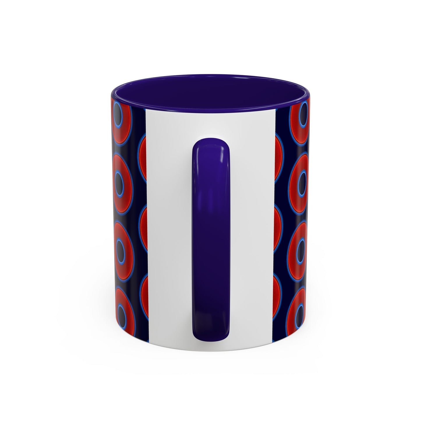 Lump's Grumpy Coffee Mug - vivid red donuts w/midnight blue background