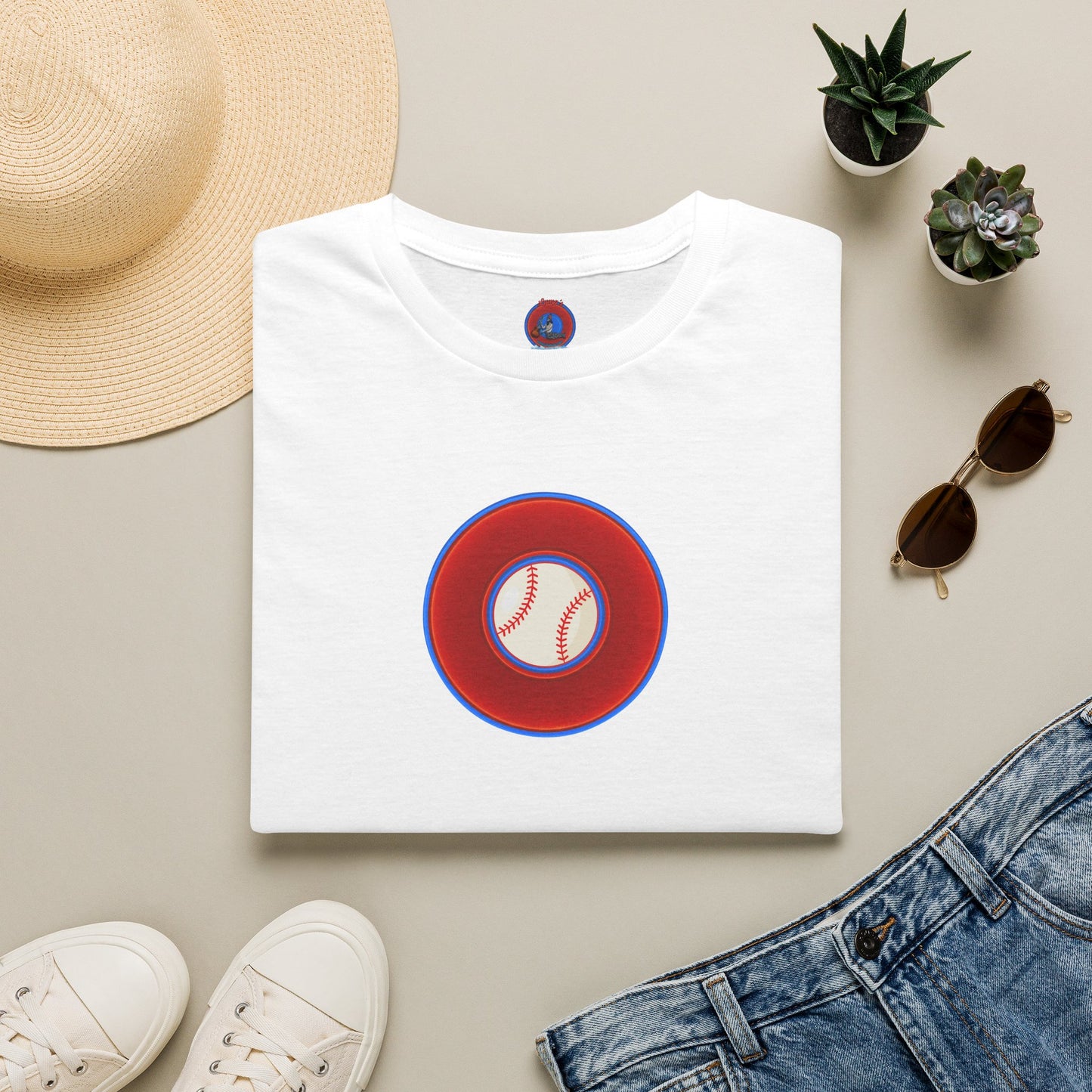 Classic Donut Tee - Unisex Soft-Style - "Phenway Ballpark Donuts" - vivid red/blue donut - variant 4