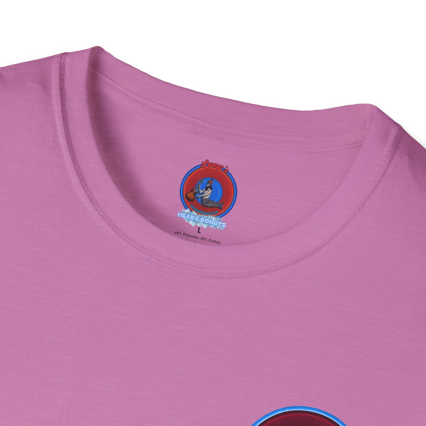 Classic Donut Tee - Unisex Soft-Style - "Brotherly Donuts Jawn" - vivid dark purple-red/light blue donut