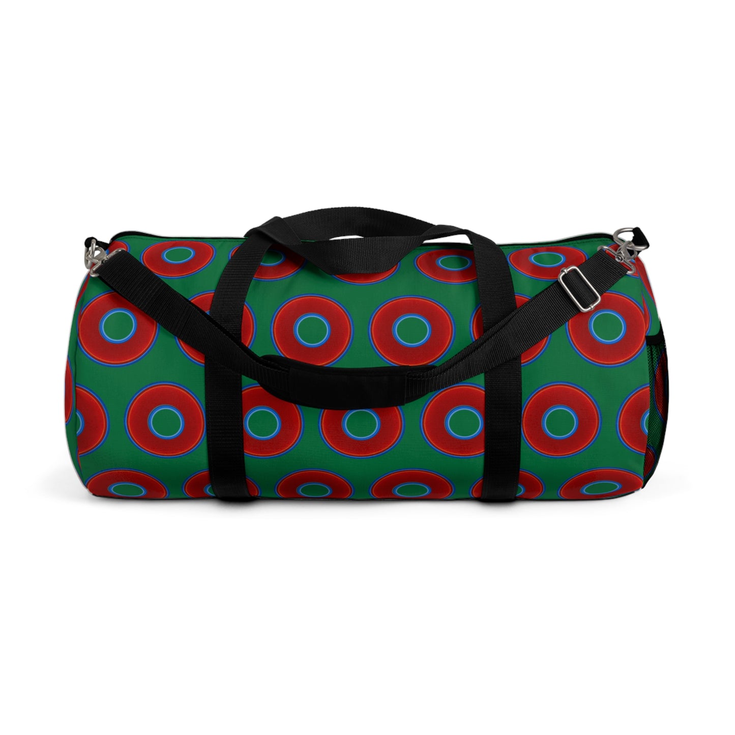 Lumpy Duffel - vivid red donuts w/green background