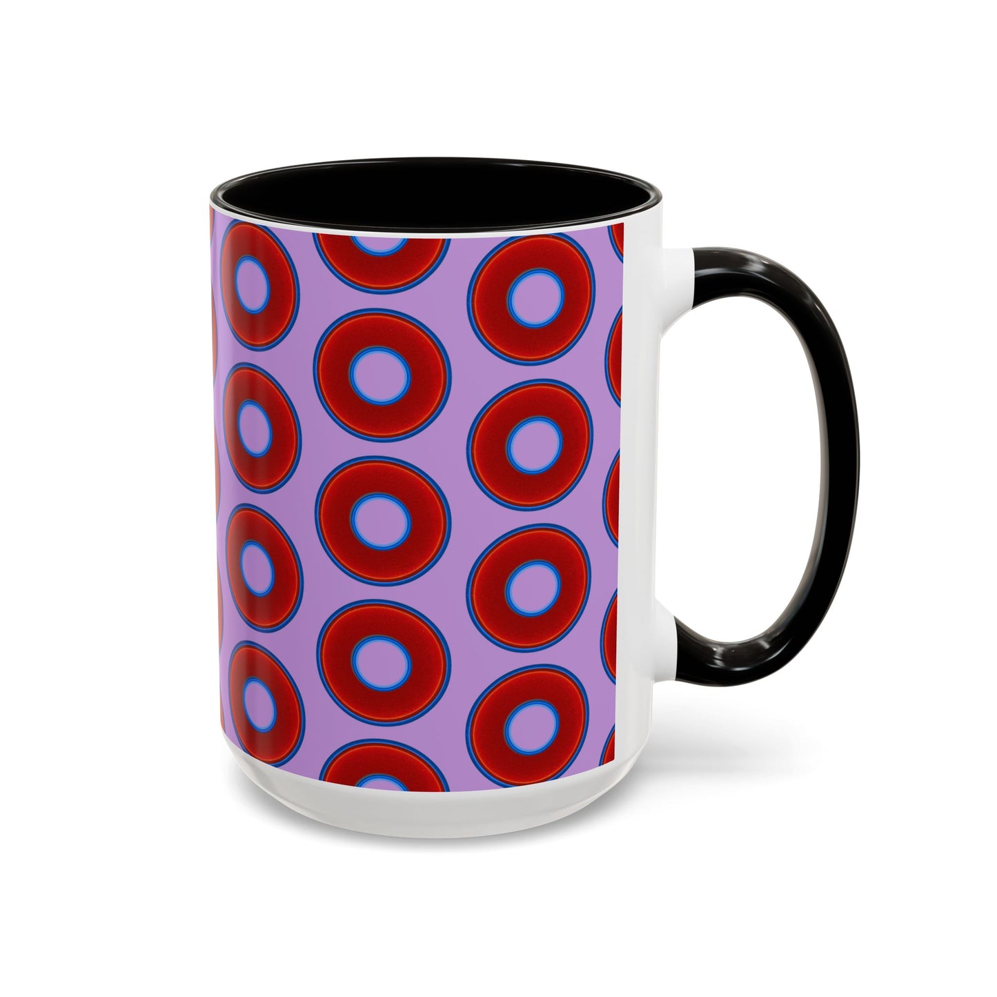 Lump's Grumpy Coffee Mug - vivid red donuts w/wisteria purple background
