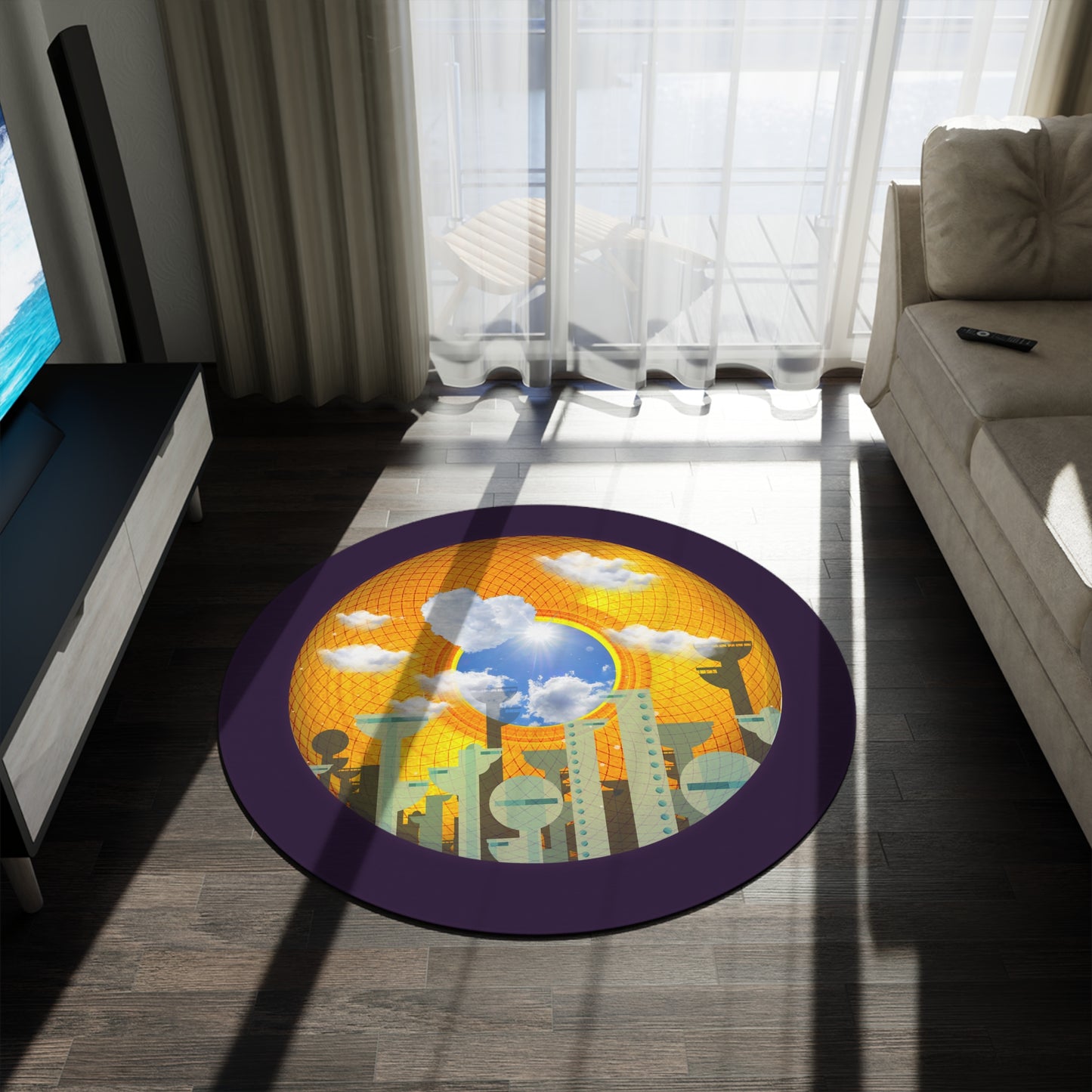 Round Room - 5 ft x 5 ft Lumpy Donut Rug - "The Golden Age of Donut Rugs" - vivid blue donut w/midnight purple background