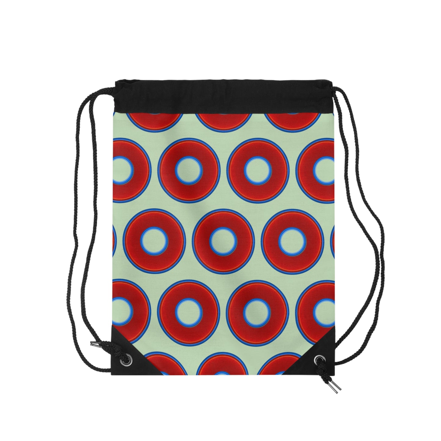 Lumpy Donut Drawstring Bag - red vivid donuts print w/seafoam background