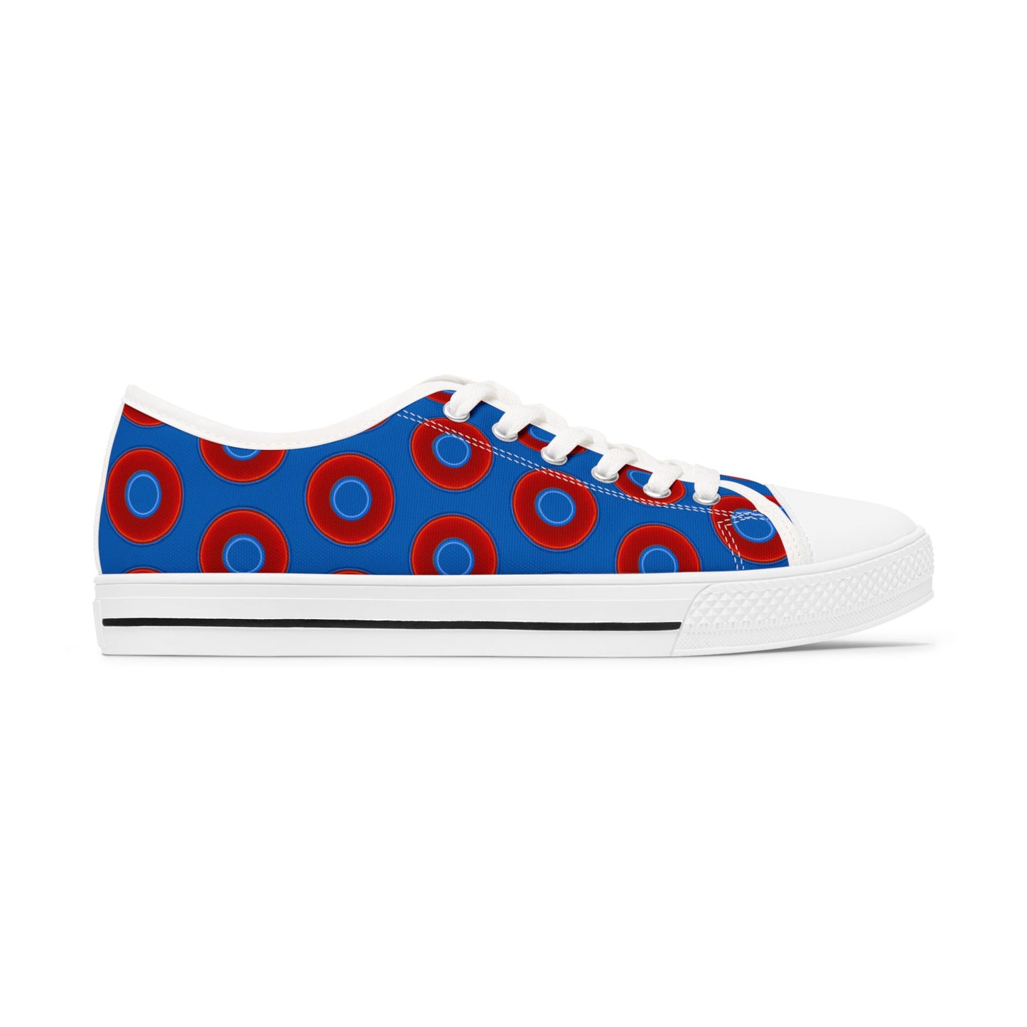 Women's - Low Top Chuck Taylors - large vivid red donut print w/dark royal blue background