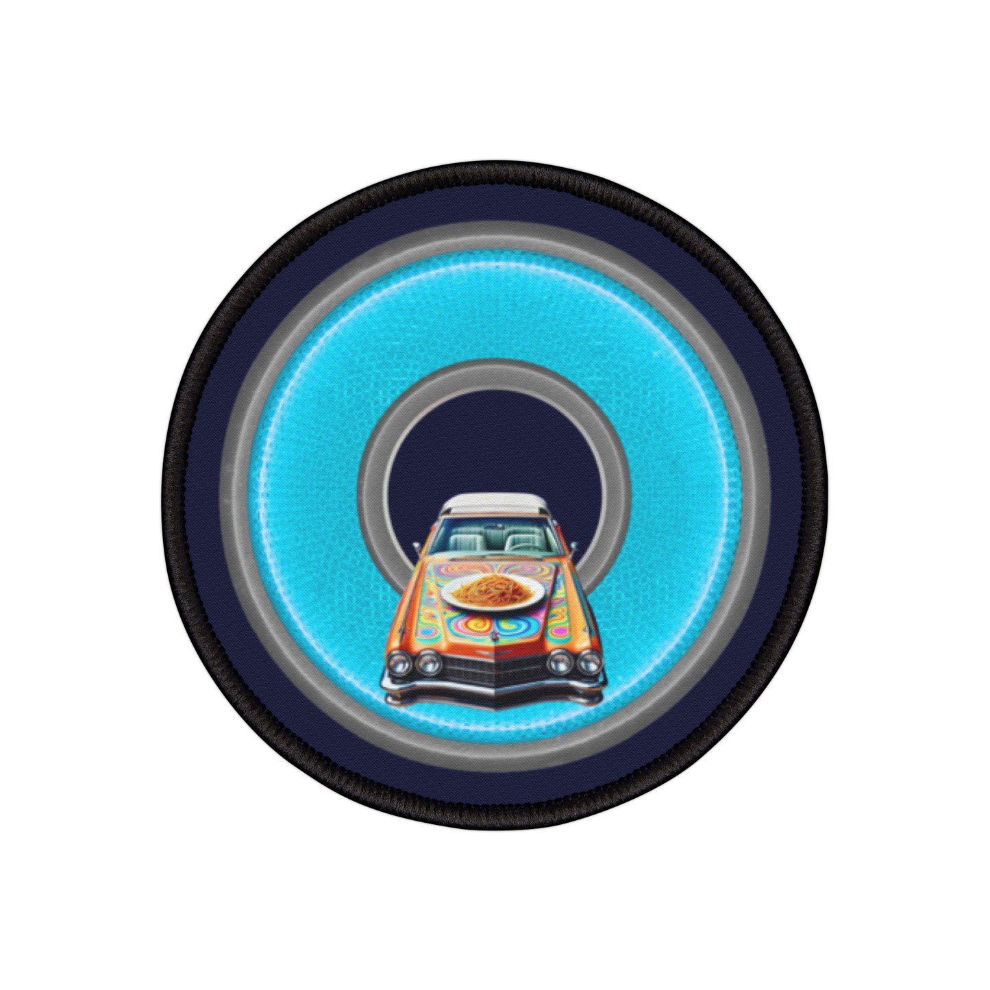 Iron-On Donut Patch - "Caddy Spaghetti Incident Donut Patch" - rustic blue/green donut - variant 2