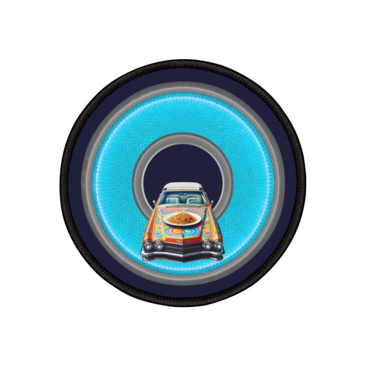 Iron-On Donut Patch - "Caddy Spaghetti Incident Donut Patch" - rustic blue/green donut - variant 2