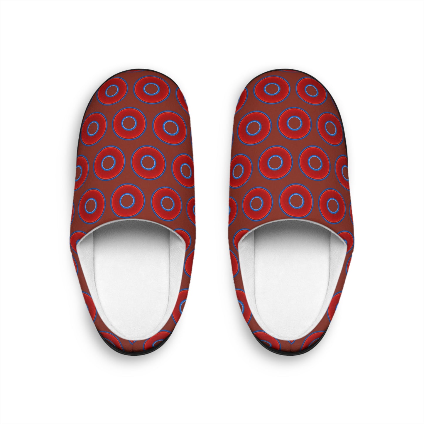 Women's Lumpy Slippers - red vivid donut print w/burnt umber background