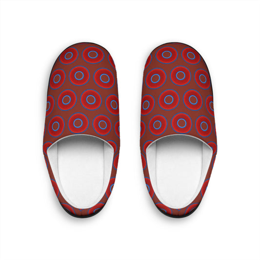 Women's Lumpy Slippers - red vivid donut print w/burnt umber background