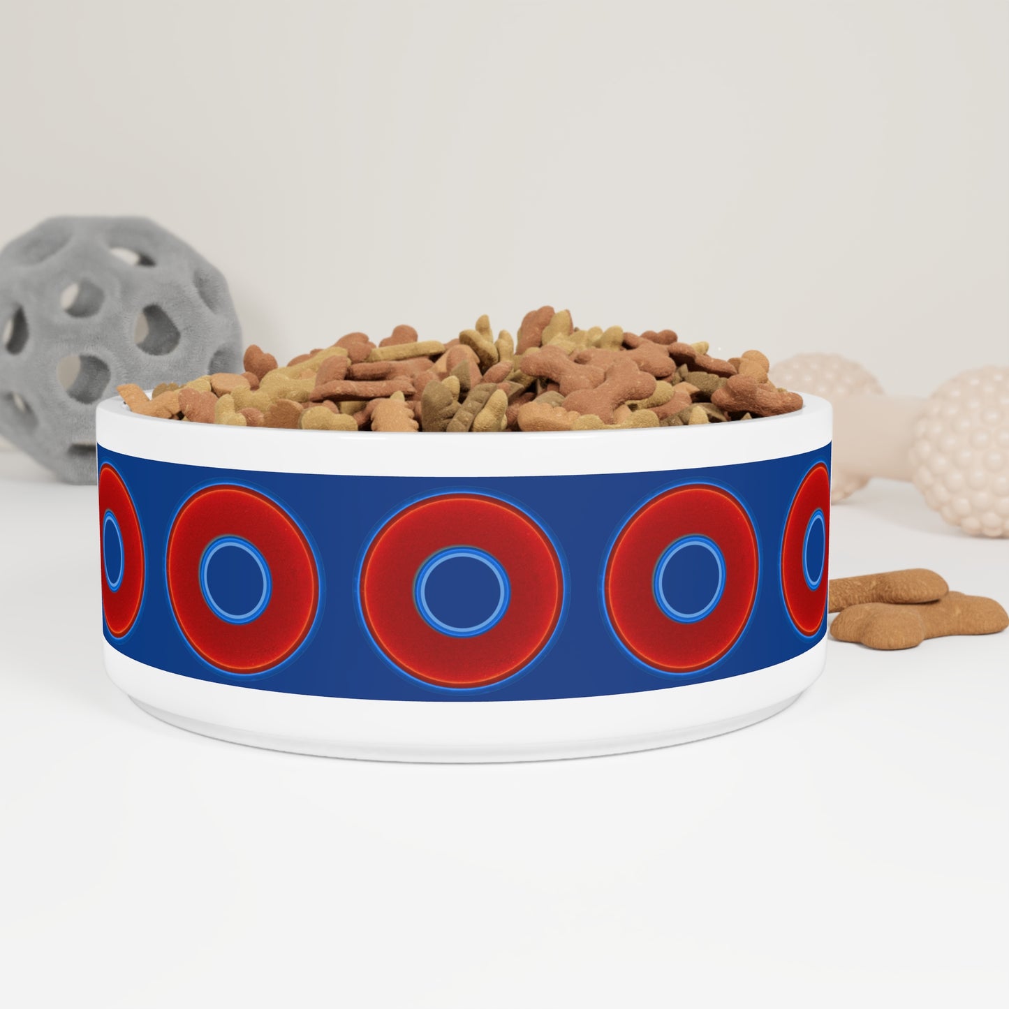 16 oz Lumpy Pet Bowl - vivid red donuts w/dark blue background