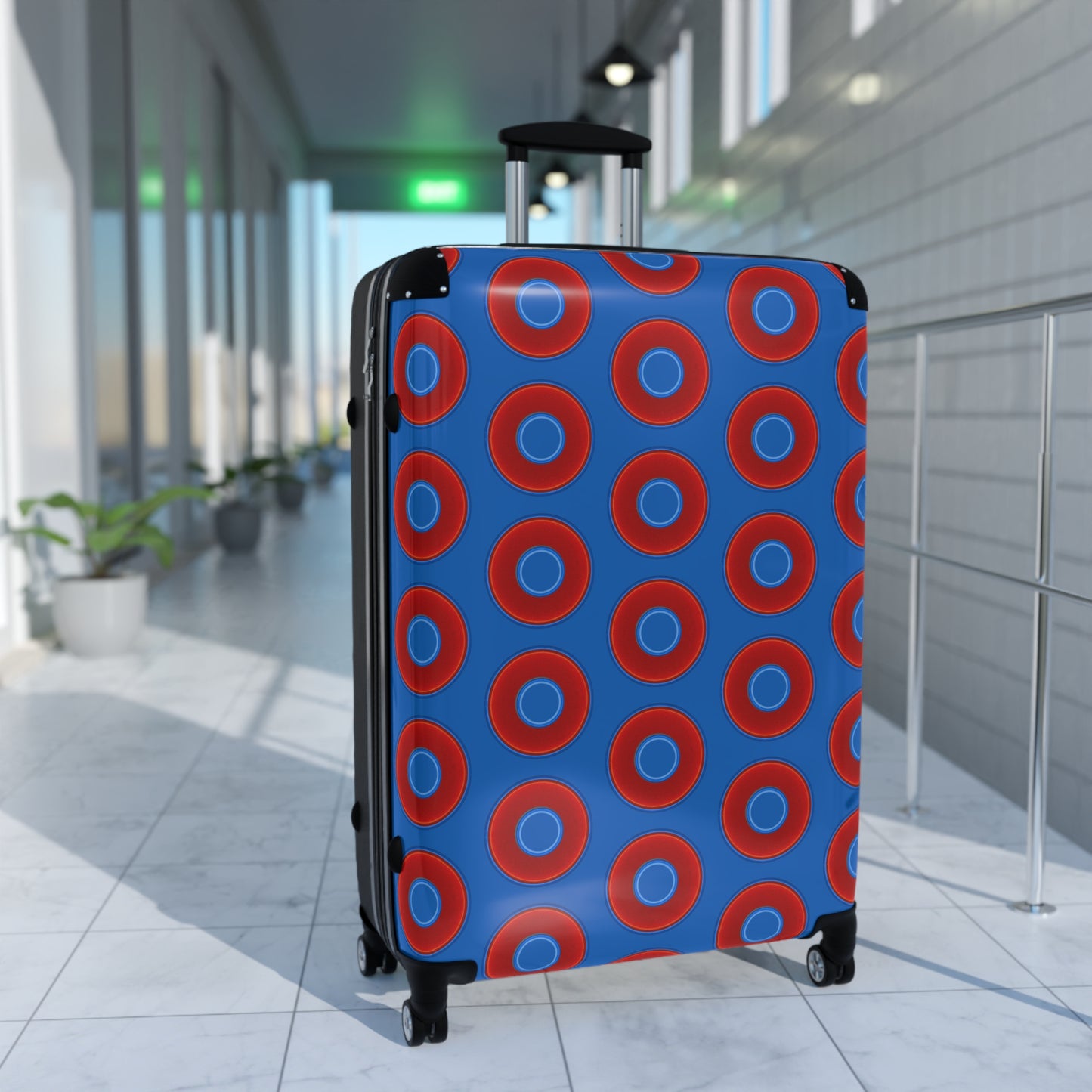 The Very Lumpy Donut Suitcase series - your choice of S, M or L - vivid red donut print w/dark royal blue background