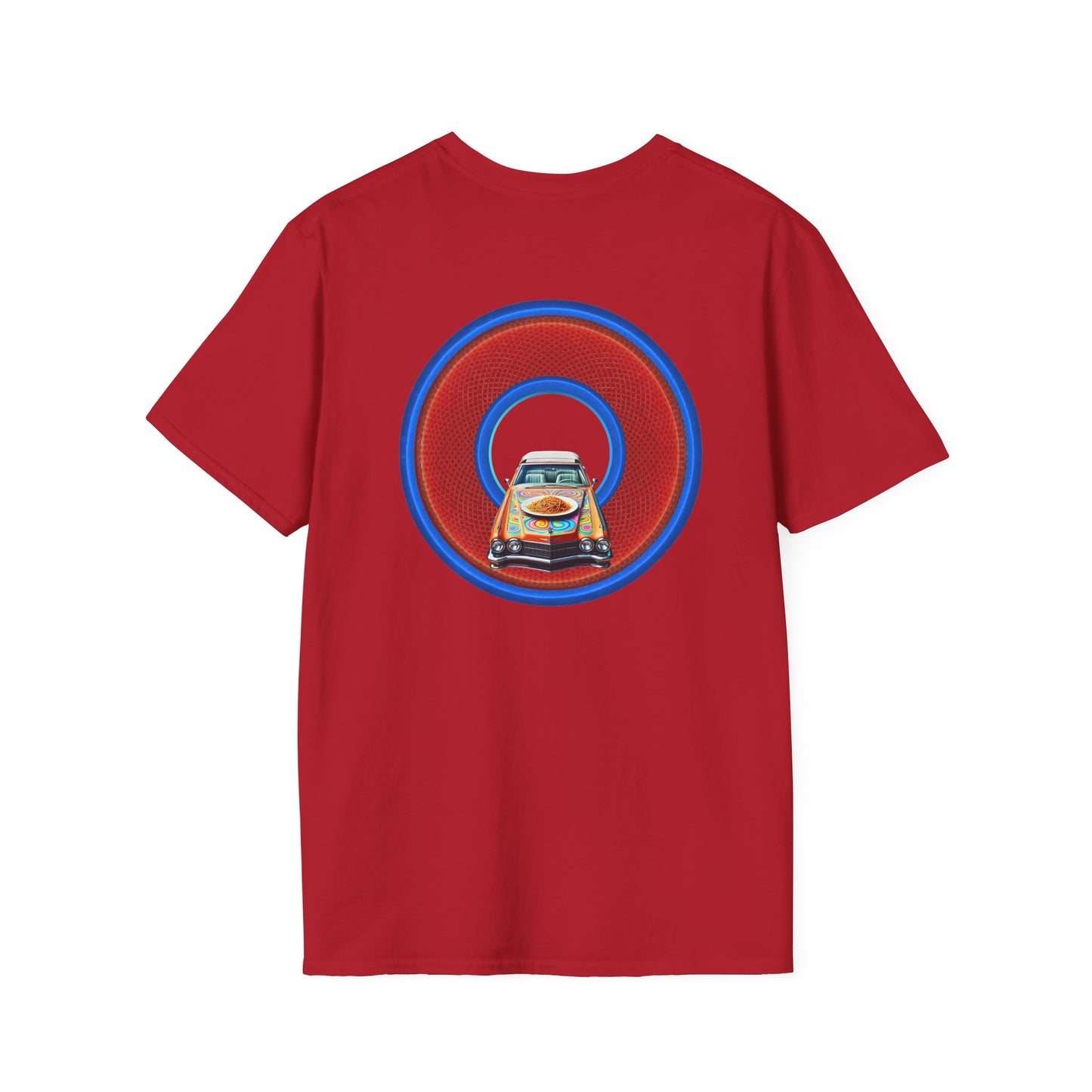 Classic Donut Tee - Unisex Soft-Style - "Cadillac Rainbows Spaghetti Incident" - series 1.0  - variant 4 - red/blue donut